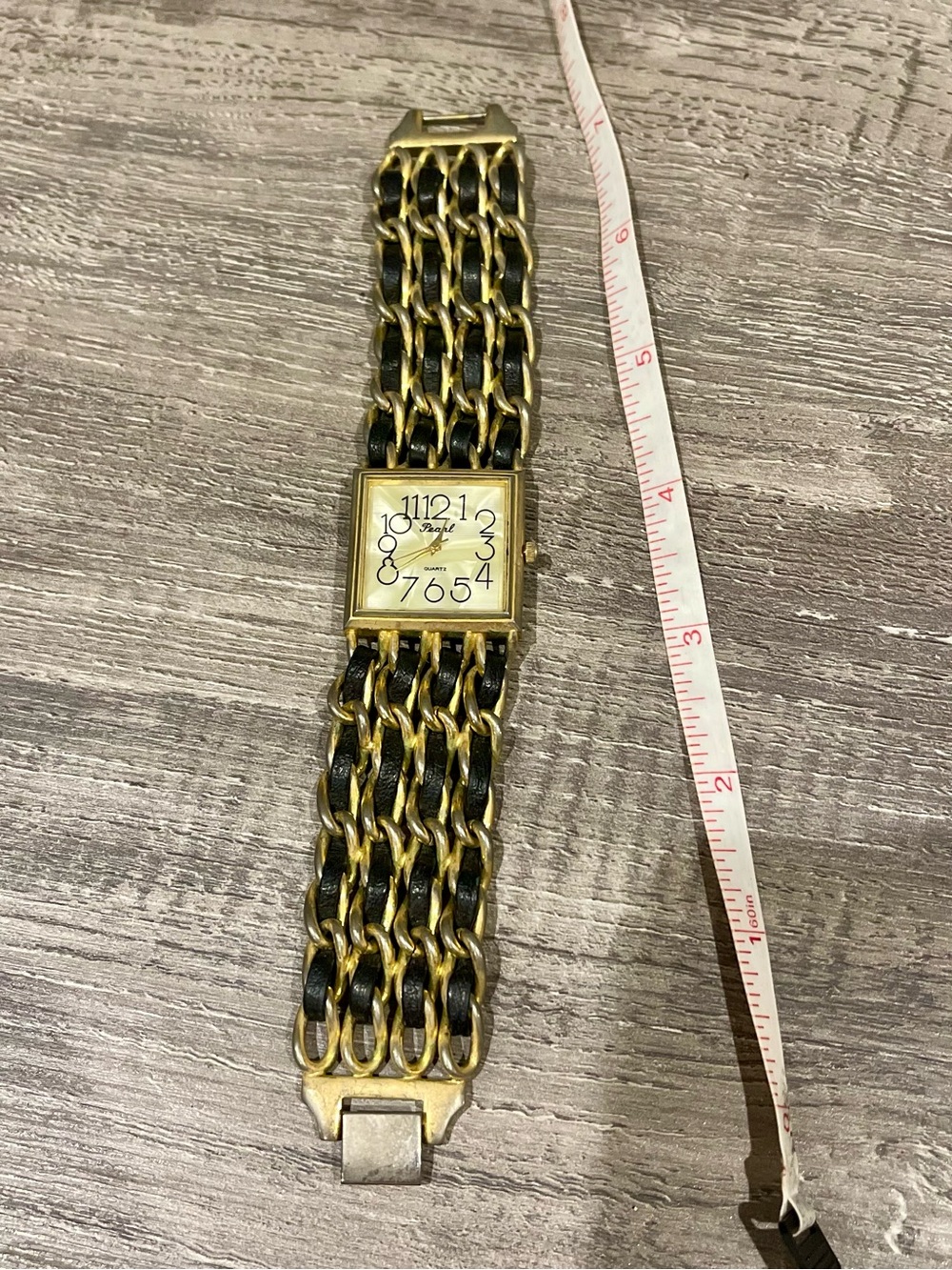 Gold Chain-Link Leather Inset Women's Bracelet Watch- opalesent face